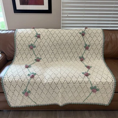 VTG Hand Crocheted Blanket Cream Pink Green 3D Roses  57”x 49.5” Cottage Core - Image 1 of 4