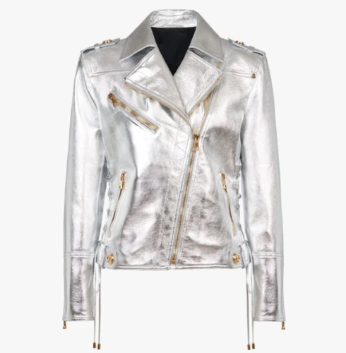 NUEVA Chaqueta Hecha a Mano Fiesta Plateada Genuina Motocicleta Mujeres Piel de Cordero Cuero Foto 1 de 4