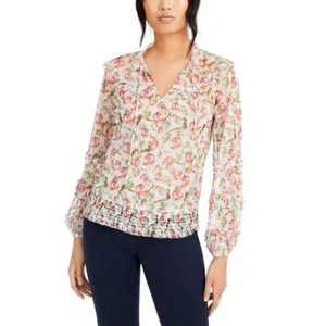INC Women's Floral Smocked Peasant Mesh 2in1 Blouse Shirt Top TEDO - Picture 1 of 2