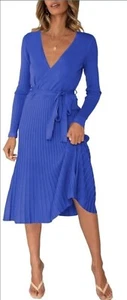 Women's Ribbed V Neck Long Sleeve Wrap FIT&Flare Knit Pleated Maxi Dress LARGE - Picture 1 of 6
