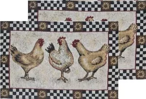 Set 2 Tovagliette da Cucina Arazzo,13" x 19", 3 GALLI E GIRASOLI TELAIO,HC - Foto 1 di 24