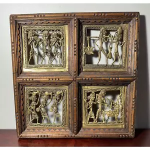 Decorazione da parete vintage arte popolare indiana orientale con 4 targhe in ottone fuso a mano 9 in x 9 in - Foto 1 di 10