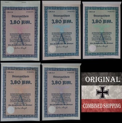 Lote de 5 cupones fiscales - 3,80 Reichsmark 1937 - 3er Reich - Alemania - "R46" Foto 1 de 4