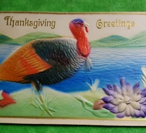Antique Embossed Thanksgiving Greeting Postcard Turkey Lake Flower Mountain Sent - Picture 1 of 11