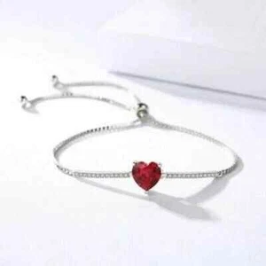 2Ct Heart Cut Lab Created Red Ruby Women's Bolo Bracelet 14K White Gold Finish - Picture 1 of 3
