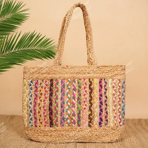India Handwoven Jute Chindi Shoulder Bag Handwoven Multi Chindi Jute India Bag - Picture 1 of 4