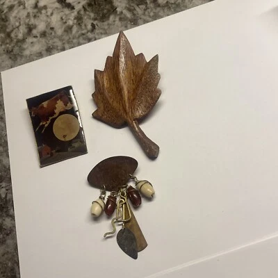 Lot Of 3 Brooch Pins Vintage - Modern Cow Jumping Moon - Handmade Wood Leaf - Image 1 of 4
