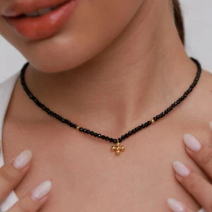 Faceted Black Obsidian Cross Pendant Choker Tiny Beads Healing Energy Necklace - Picture 1 of 4