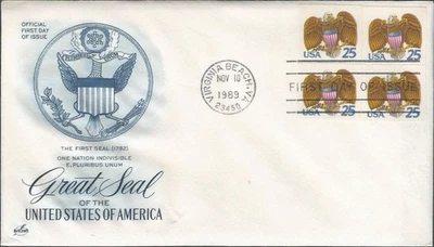 Scott 2431 FDC with pane of 4 - 25 cent - 1989 - Great Seal of the USA - FDOI - Image 1 of 2