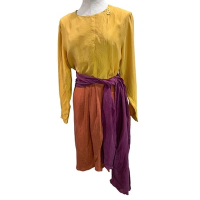 Vestido de seda Pat Argenti talla 10 tricolor faja cintura manga larga hasta la rodilla Foto 1 de 4