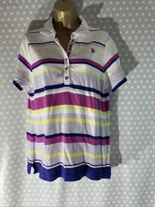 Womens Dash Plus Size Uk 18 Purple Mix Stipe Short Sleeve Jersey Polo Shirt Top - Picture 1 of 6