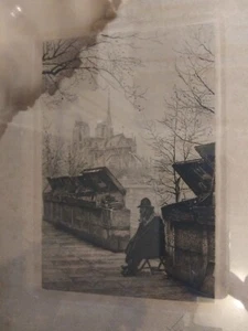 ANTIQUE *SIGNED ETCHING* BY YVON MONAY - PARIS, NOTRE DAME, SEINE, OLD MAN - Picture 1 of 3