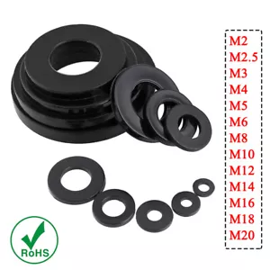 Black Nylon Plastic Flat Plain Washers M2 to M20 Penny Washers Mudguard Washers - Picture 1 of 8