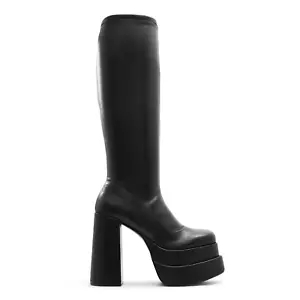 Call it Spring Black Vegan Leather Knee High Heel Platform Long Boots Size 7 40 - Picture 1 of 7
