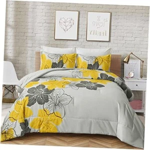 Floral Comforter Set Floral Pattern Printed on Grey - Soft Full Yellow - Picture 1 of 7