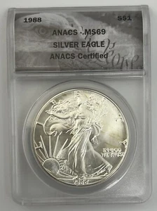 1988 ANACS MS69 UNCIRCULATED 1OZ .999 FINE SILVER AMERICAN EAGLE $1 COIN  - Picture 1 of 3