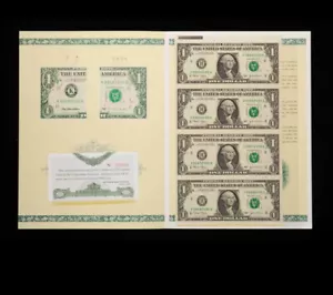 1995 Joint Notes USA America Uncut Sheet of 4 Note $1 Dollars&COA - Picture 1 of 2