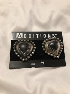 Silver Tone Heart Clip-On Earrings With Black Resin/Plastic heart shape Earrings - Picture 1 of 8