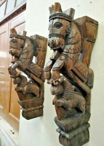 Wall Bracket Horse Sculpture Corbel Pair Wooden Yali Statue Wall Shelf Decor US
