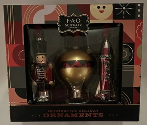 FAO SCHWARZ Set of 3 Decorative Holiday Ornaments - Decorative Red Ribbon - Picture 1 of 6