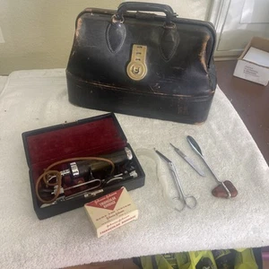 Vintage Black Leather Doctors Physician Bag W/misc Instruments - Picture 1 of 7