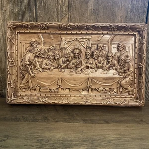 Vintage 3D Jesus Last Supper Burwood Faux Wood Relief Carving 9”x14" Wall Plaque - Picture 1 of 10