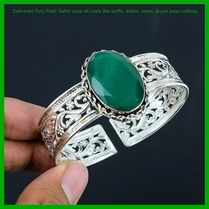 Halloween Sale Sterling Silver Oval Zambian Emrald Stone Bezel Bangle Bracelet - Picture 1 of 6