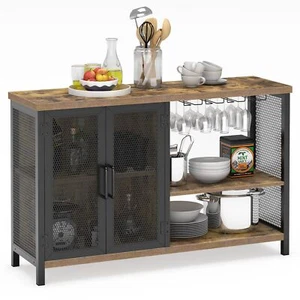 Cabinet Coffee Bar Table Storage Cabinet, Farmhouse Buffet Station, Rustic Brown - Picture 1 of 9