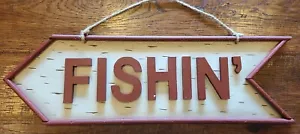 Fishin' Sign Wood Wall Hanging Rustic Fishing Arrow Cabin Lake Home Decor 20" - Picture 1 of 11
