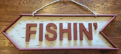 Fishin' Sign Wood Wall Hanging Rustic Fishing Arrow Cabin Lake Home Decor 20"   - Image 1 of 4