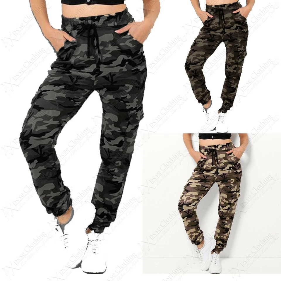 NEW LADIES CAMOUFLAGE CAMO LOOK DOUBLE SIDE POCKET CARGO COMBAT TROUSERS PANTS