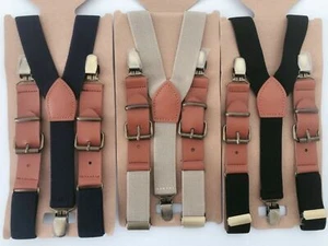 Boys Kids Children Synthetic Leather Metal Clip Pants Braces Suspender Belts - Picture 1 of 21
