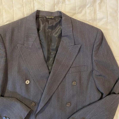 Oscar de la Renta Blazer 男式 38 细条纹羊毛双排扣手工定制 — 第 1/4 张图片