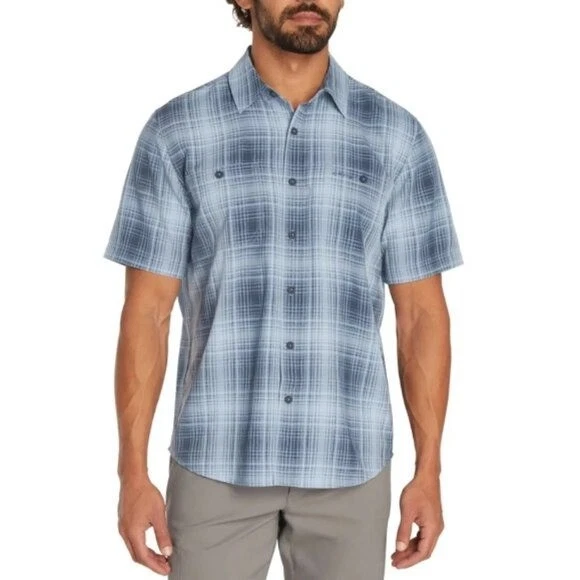 Orvis Shirt Mens XXL Blue Plaid Woven Tech Shirt Short Sleeve 1875212 Button