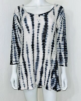 Top túnica XCVI azul marfil tie dye rayas tejido cuello redondo 3/4 Slv talla M en muy buena condición Foto 1 de 4