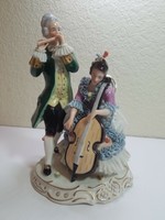 German Dresden Lace Porcelain Woman Man playing music Volkstedt Figurine Damage