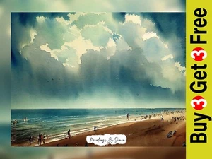 Serene Watercolor Beach Scene Painting Print 5"x7" on Matte Paper - Picture 1 of 6