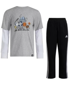Adidas MEDIUM GREY HEATHER Little/Toddler Boys T-Shirt & Pants Set, US 5 - Picture 1 of 4