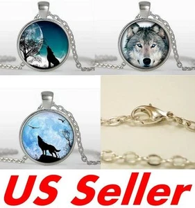 Halskette Schmuck heulender einsamer Wolf Gesicht riesiger Mond Vogel Anhänger - Bild 1 von 6