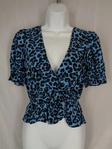 Banana Republic Blue Animal Print Top Blouse Size XXS Faux Wrap Puff Sleeve New - Picture 1 of 8