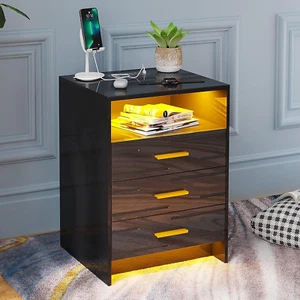 Bedside Table with Charging Station and LED Light, Smart Night Stand with Human - Picture 1 of 12