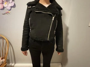 Zara Basic Womens Black Zip Faux Suede & Shearling Biker Moto Jacket Sz Small S - Picture 1 of 7