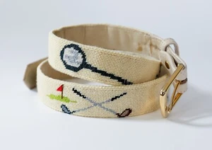 Needlepoint Leather Belt 36" Golf Tennis Dog MD Preppy Country Club Old Money - Picture 1 of 15