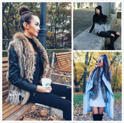 With Design Women's Real Tassels Vest Knitted Rabbit New Collar Fur Warm Furry - Image 1 of 4