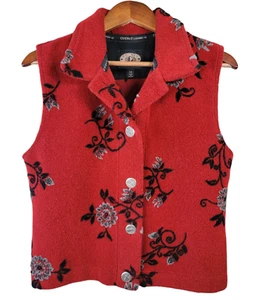 VTG County Clothing Co Womens Size Medium Red Black Floral Fleece Vest - Picture 1 of 4