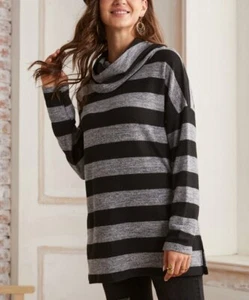 Suzanne Betro Weekend C630Black & Gray Stripe Long-Sleeve Cowl Neck Tunic Size S - Picture 1 of 1