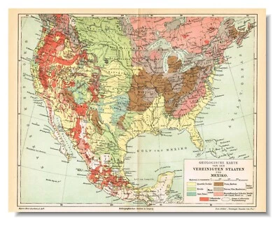 Mapa Geológico de Estados Unidos en Alemán MAPA ORIGINAL VINTAGE de Estados Unidos Foto 1 de 4