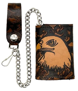Genuine Leather Trifold Embossed Eagle Chain Wallet Made in USA - Picture 1 of 3