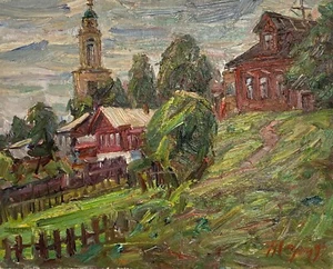 Ölbild 1992 Impressionist Landschaft mit Kirche und Haus Osteuropa Russland - Bild 1 von 9