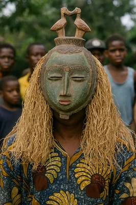 Old African Baule Mask w/ Twin Bird Figures – Ivory Coast Hand-Carved Wood - Image 1 of 4